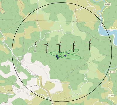 Figure 1. Localisation of lightning discharges on a wind farm Meteorage Fig1