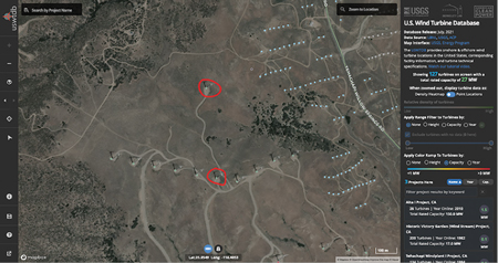 Figure 1a. Tehachapi Pass wind farm aerial photograph: the two horizontal-axis wind turbines (HAWTs) simulated are circled in red. The HAWT specifications are taken from the NREL database Vorcat Fig1a