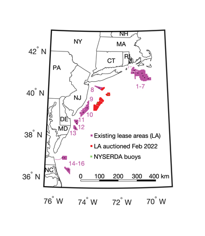 Figure 1. Map showing the US east coast with the 16 original lease areas (in magenta) and the six additional lease areas that were auctioned in February 2022 (in red). The green dots indicate the locations of two lidar buoys Rebecca Figure1
