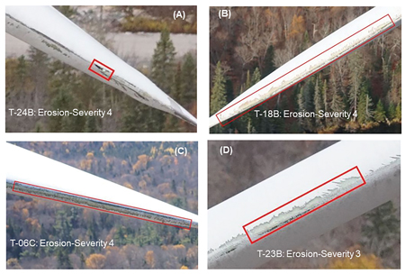 Figure 1. Examples of LEE damage with different severities – the use of acoustic signals from blades to correlate with external damage affecting the aerodynamics can help to better characterise LEE and monitor it continuously Obdulia Ley Fig 1
