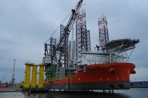 The ship Pacific Osprey is currently being loaded with the foundations and will soon depart the port of Vlissingen in the Netherlands Pacific Osprey