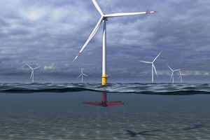 An artist's rendering of the 12 MW Floating Wind Turbine concept GE Research and Glosten are designing as part of their ATLANTIS program project with ARPA-E. (courtesy Glosten) GE researchers unveil 12MW floating wind turbine concept
