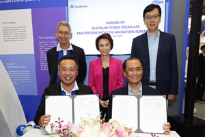 Signing of Master Research Collaboration Agreement to establish Seatrium-TCOMS Ocean Lab by (front left to right) Mr Chris Ong, CEO of Seatrium, and Professor Chan Eng Soon, CEO of TCOMS. The signing was witnessed by Minister of State for Trade and Industry Ms Low Yen Ling (second row, centre), Mr Mark Gainsborough, Chairman of Seatrium (second row, left), and Mr Frederick Chew, CEO of A*STAR (second row, right) Seatrium TCOMS Ocean Lab Master Research Collaboration Agreement Signing