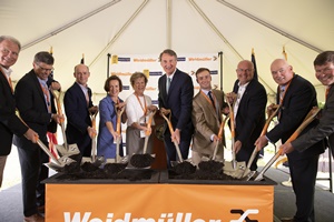 The groundbreaking ceremony was attended by (from left to right) Ron Worley - Founding Principal Worley and Associates Architects; Volker Bibelhausen - Chief Technology Officer; Christian Gläsel - Chairman of Supervisory Board & Shareholder; Steffi Gordinier – Shareholder; Inge Gläsel – Shareholder; Governor Glenn Youngkin of Virginia; Timothy Gordinier - Next Generation Shareholder of Weidmüller; Bernd Schröder - Weidmüller President USA; Kevin Carroll - Chesterfield Board of Supervisors, Chair, Matoaca District; Neil Palmer - Vice President Century Construction Company - Century Construction Weidmuller Groundbreaking Photo