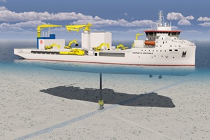 3D image of the next generation rock installation vessel Jan De Nul ordered. This image shows the vessel installing rock on top of a subsea energy cable